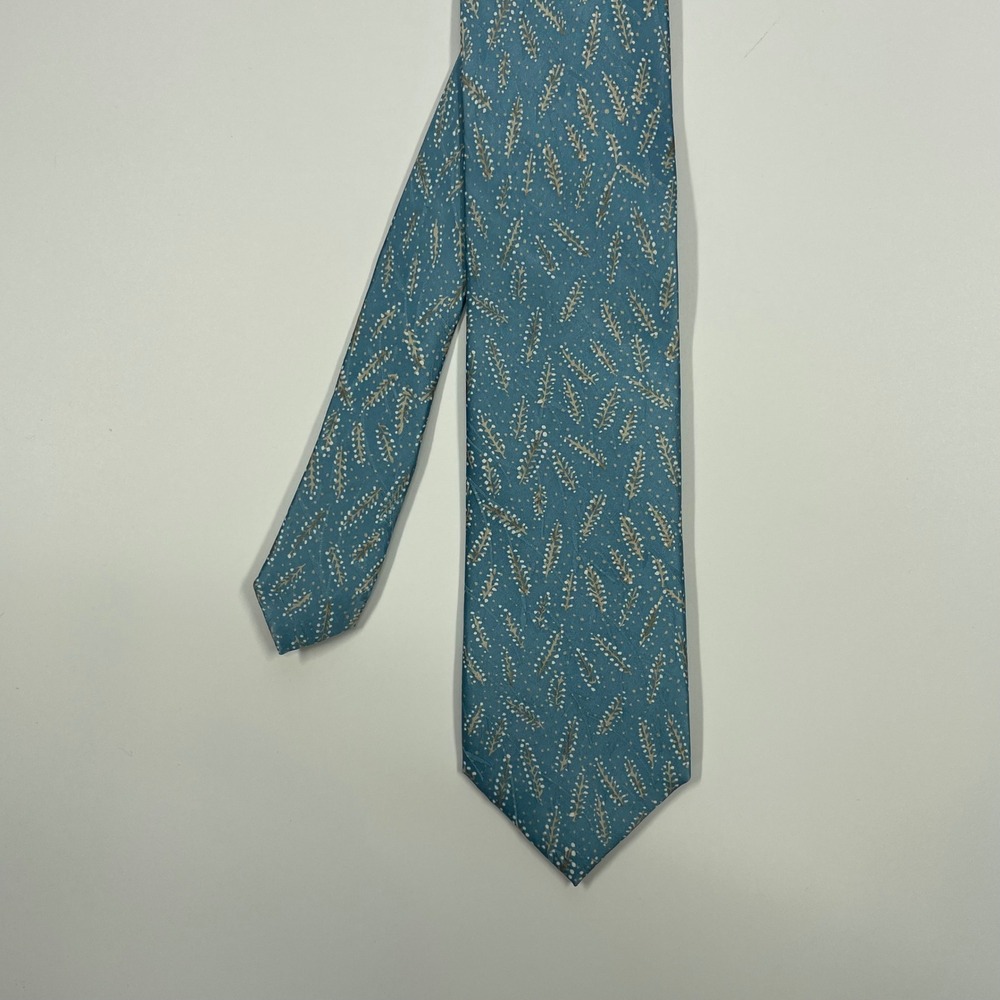 Material London Blue Silk Botanical Leaf Pattern Necktie Mens One Size